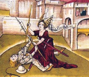 Historical painting of women duelists