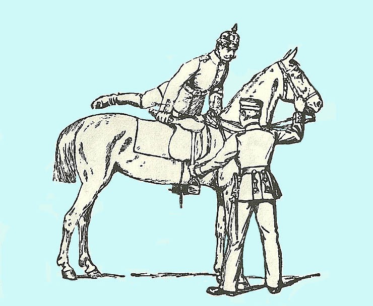 German cavalry officer mounting a horse from the near side